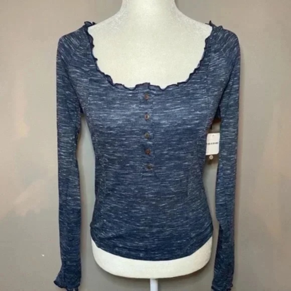 FREE PEOPLE Henley buttons long sleeve dark blue Small NWT - Picture 4 of 13